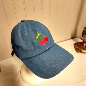 Women's Blue Denim Baseball Cap with Cherry Embroidery adjustable NWOT